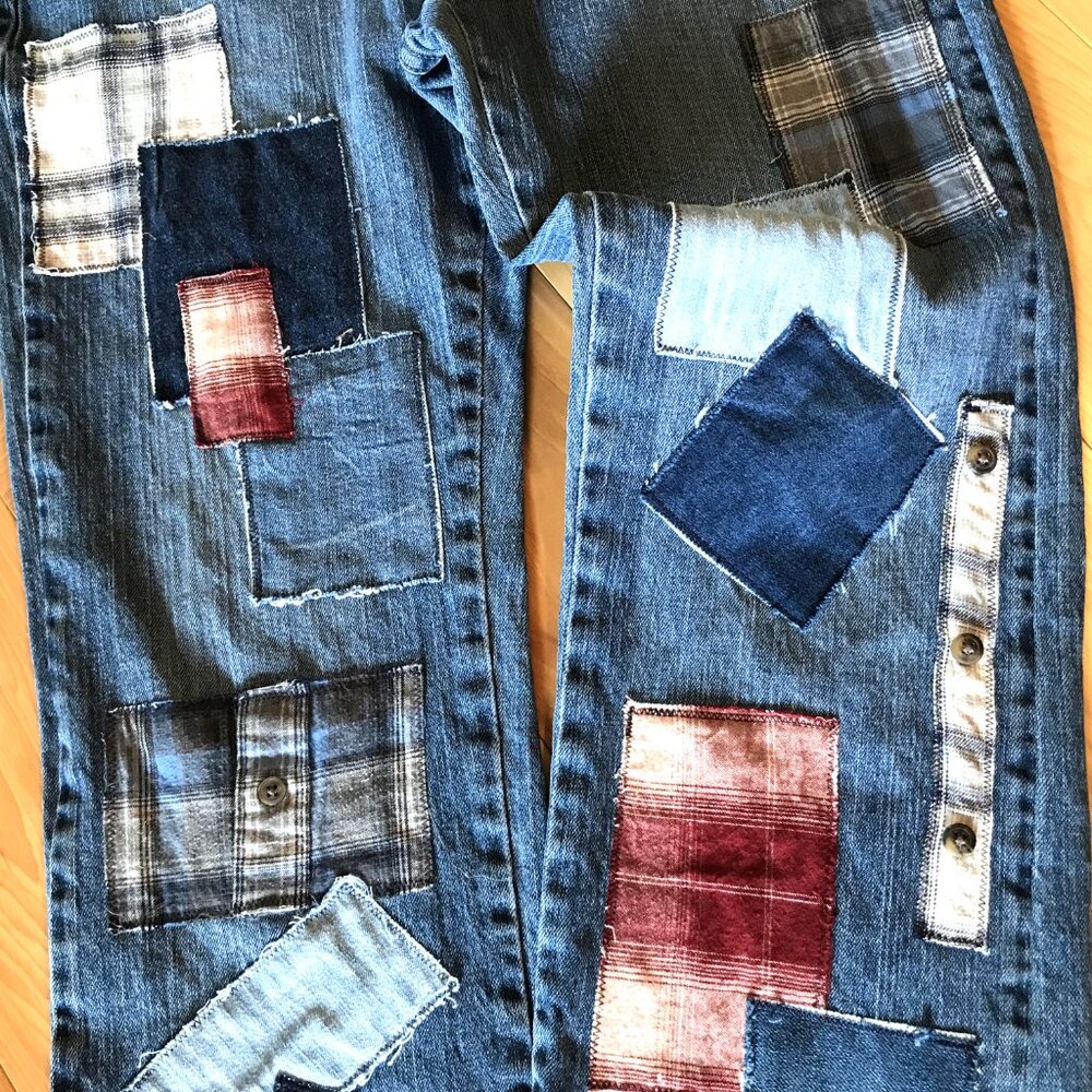 Upcycled Flannel Patchwork Jeans, Distressed Denim & Plaid Patches, Size 10P - Picture 5 of 12